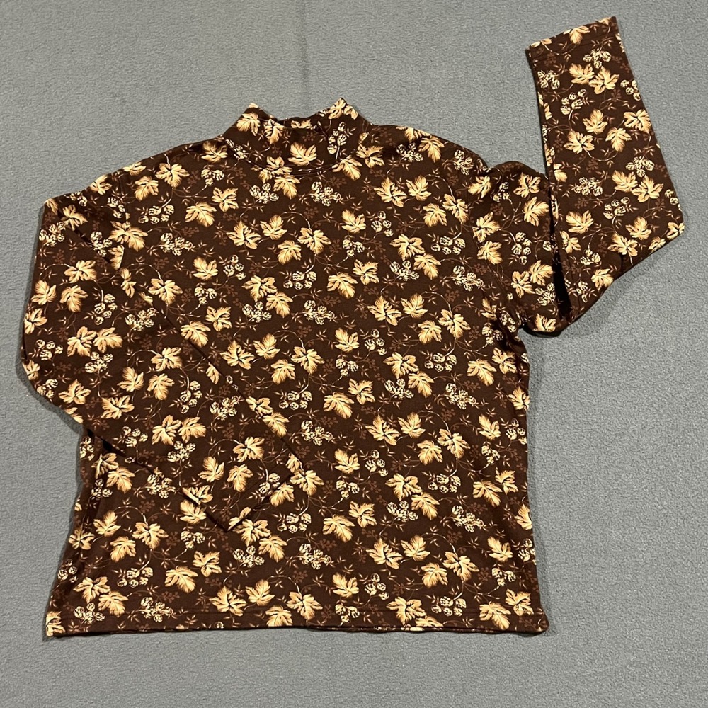 Women's Brown Floral Mock Neck Long Sleeve Top Fall Autumn Cottagecore Grandma
